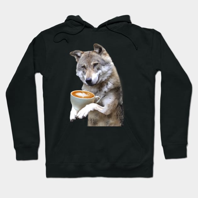 Brown Wolf Wolves Drinking Coffee Smiling, Funny Cute Hoodie by Random Galaxy